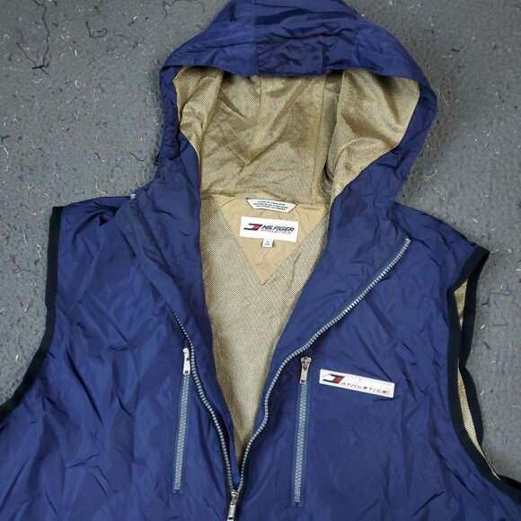VINTAGE Tommy Hilfiger Nylon Vest Jacket Mens L Large Blue Nylon Hoodie Zip - Picture 1 of 9